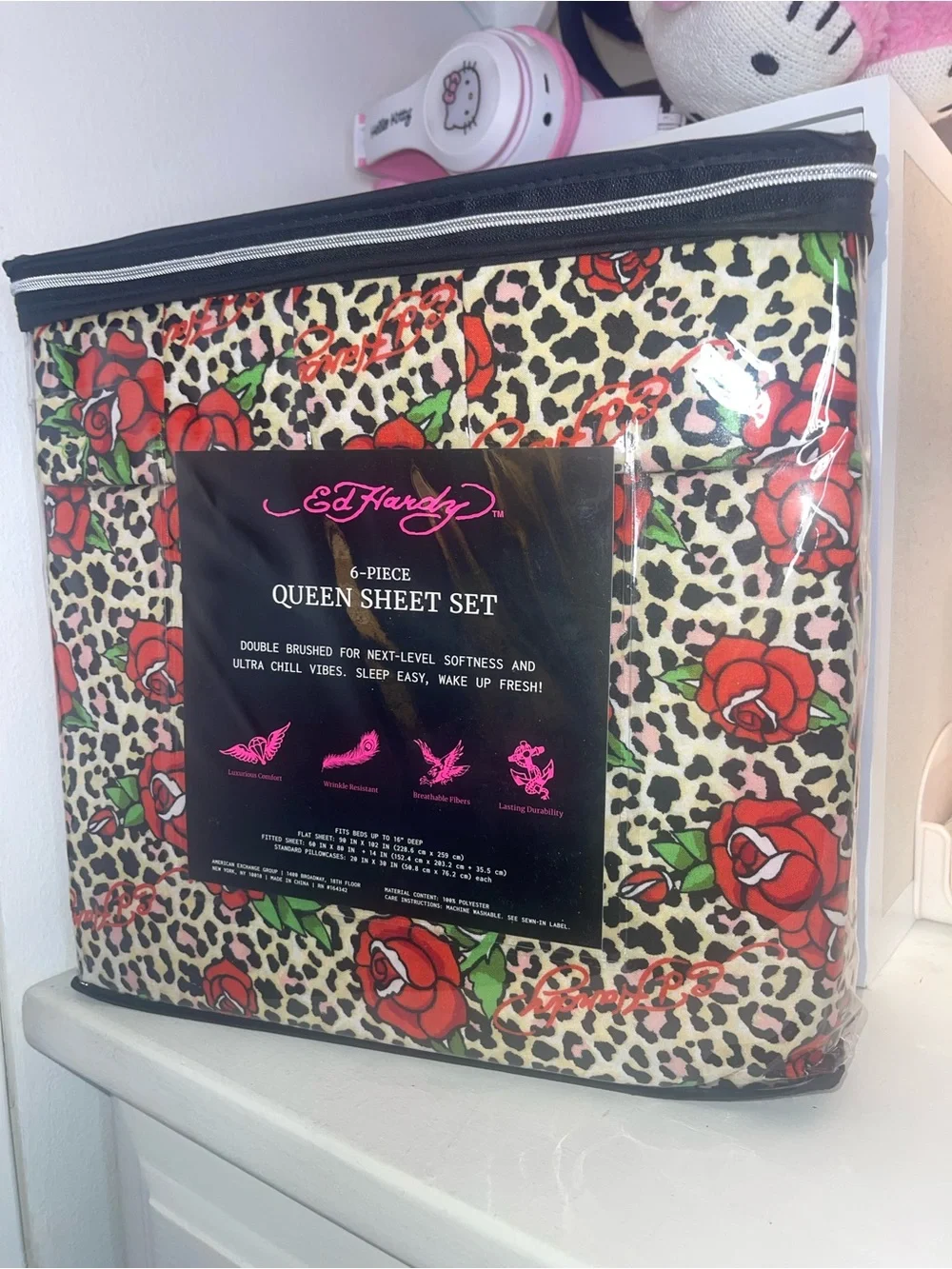 NWT Ed Hardy Queen Sheet Set with Red Rose & Leopard Print - Black/Cream/Red
